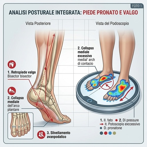 Infografica medica sul piede pronato e valgo che mostra la vista posteriore biomeccanica e l'esame baropodometrico al podoscopio.
