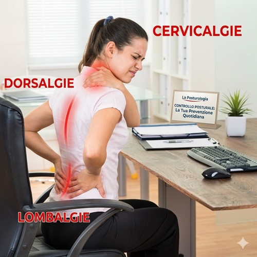 Donna in ufficio con dolori da postura scorretta: cervicalgie, dorsalgie e lombalgie al PC.