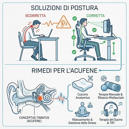 Grafica concettuale sulle soluzioni, esercizi e rimedi posturali per la cura dell'acufene recettoriale.
