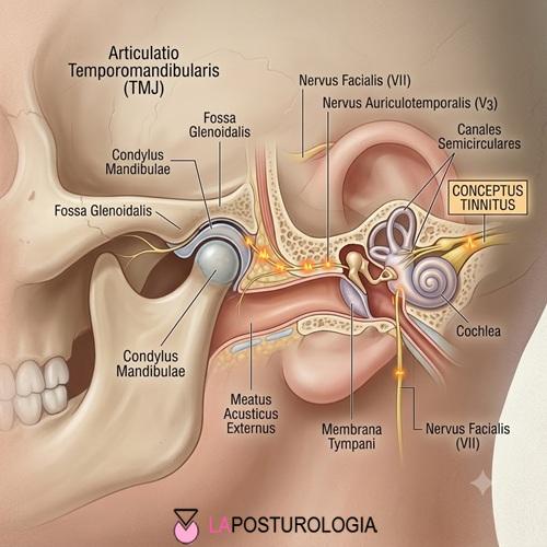 Illustrazione medica quadrata 500x500 che mostra la connessione tra l'articolazione temporo-mandibolare e l'orecchio per l'acufene somatosensoriale.