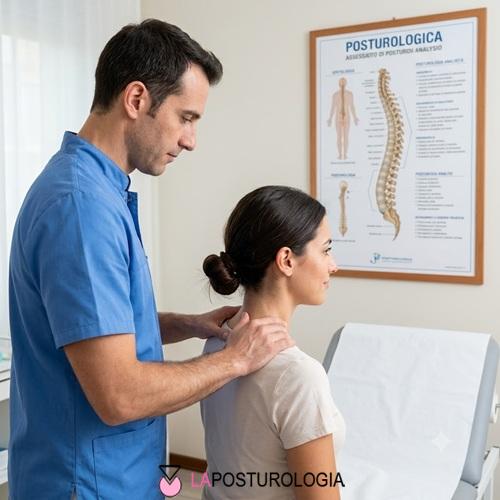 Specialista in posturologia esegue una diagnosi e valutazione della colonna cervicale per la riabilitazione dell'acufene.