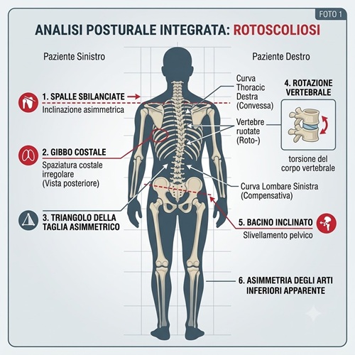 In fografia medica della rotoscoliosi che mostra la silhouette di un paziente dal lato posteriore con i punti di repere: spalle sbilanciate, gibbo costale e bacino inclinato.