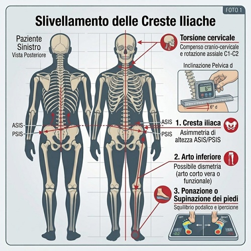 Infografica medica sullo slivellamento delle creste iliache. Mostra la vista posteriore e anteriore dello scheletro, l'uso dello scoliosometro, la torsione cervicale e l'esame podalico.