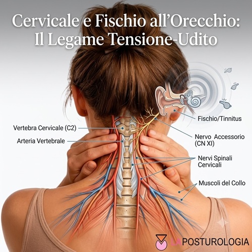 Infografica medica che mostra il legame neuro-anatomico tra i muscoli del collo, i nervi cervicali e il fischio all'orecchio o acufene.